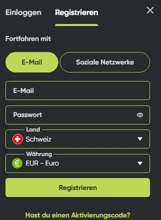 Registrierungsformular – Spielerkonto mit E-Mail-Adresse und Passwort erstellen